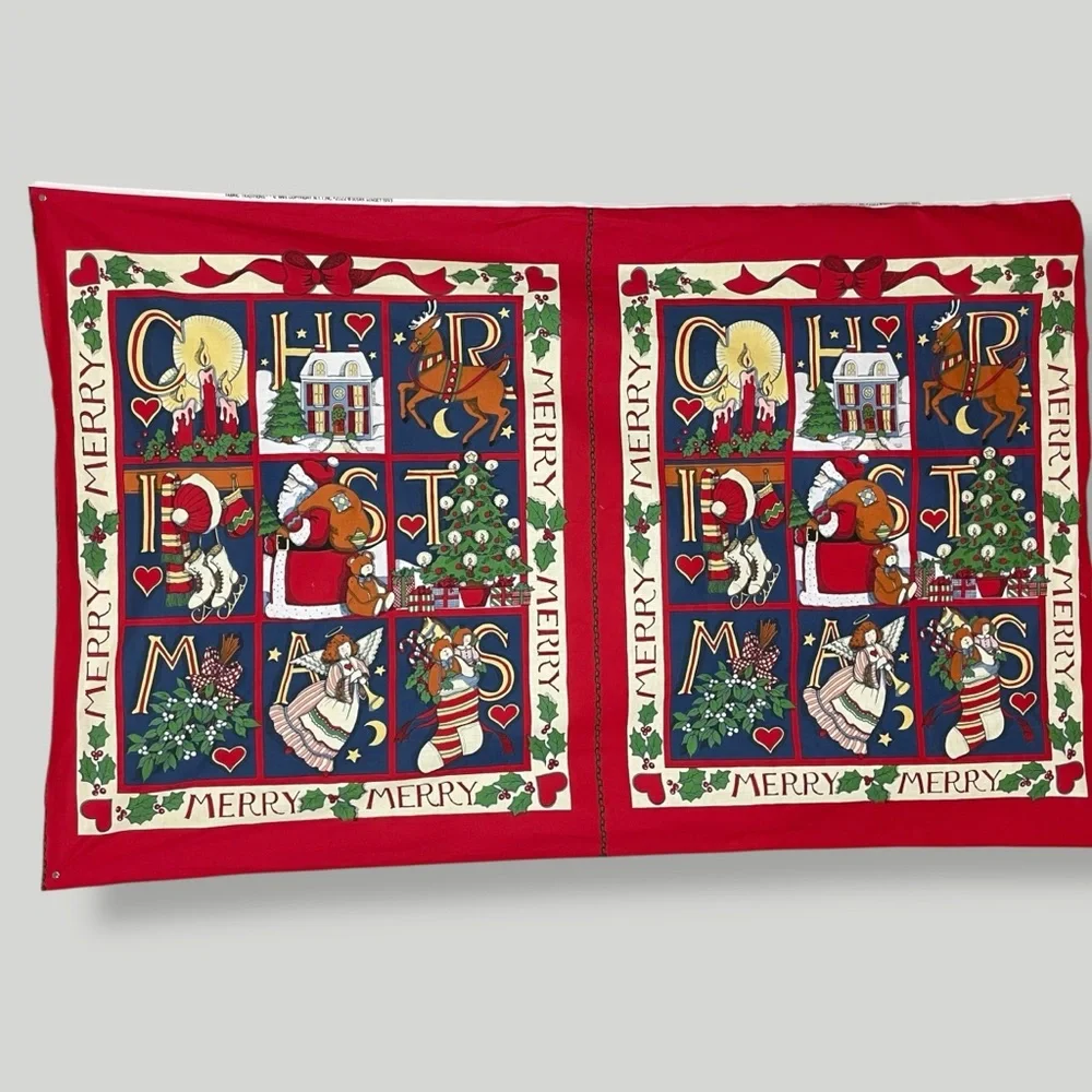 Vintage 90s Christmas Quilt Panel Set of 2 Angel Cut and Sew Santa Reindeer #K33